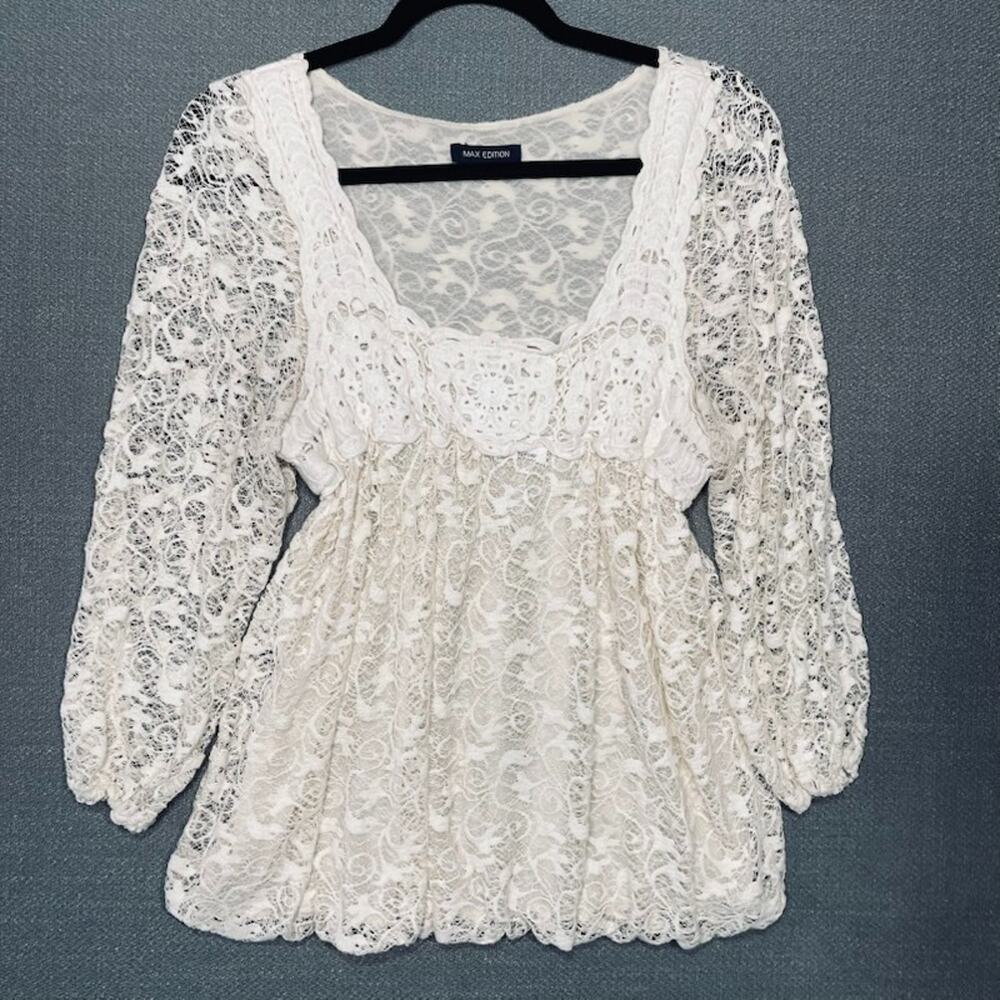 Crochet Babydoll Embroidered Lace Sheer Sleeve Top Blouse Coquette Boho Indie S